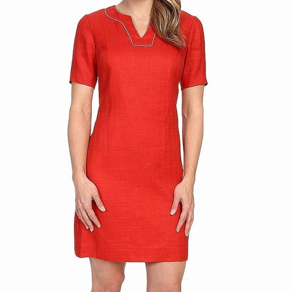 Pendleton Linen Red Dress Size 12 V Neck Shift Classic Americana Cottagecore